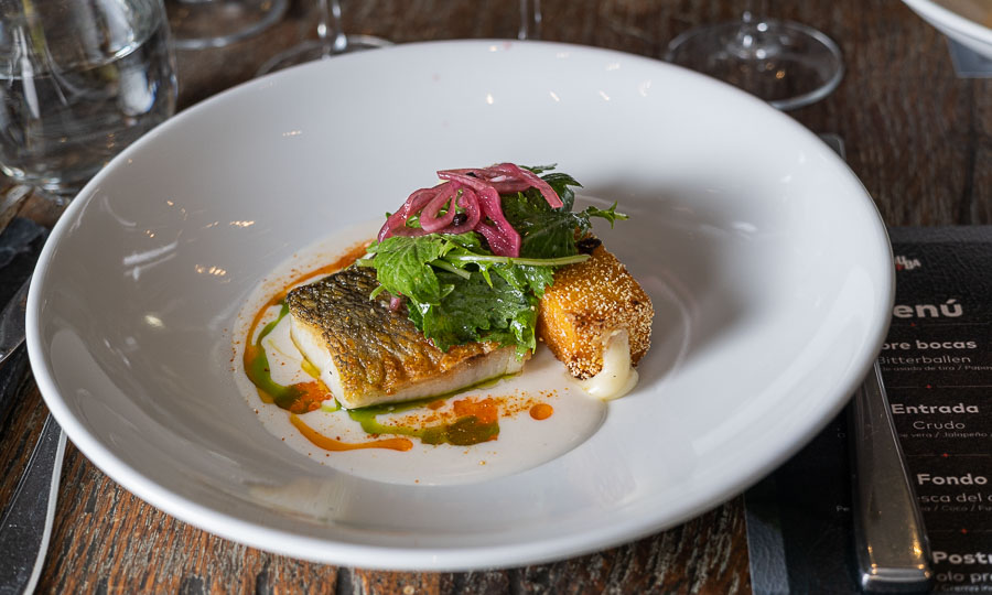 Robalo fresco a la plancha con coco y funchi arubiana de polenta con queso gouda