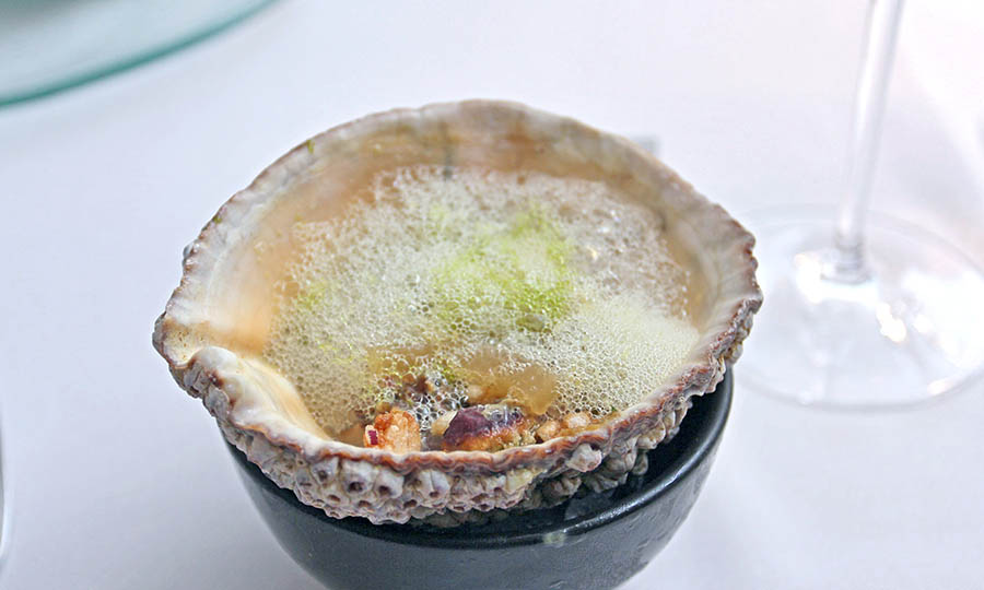 Mix de mar y pistachos en concha de loco y espuma de mar