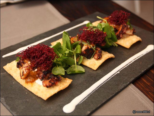 Pulpo sobre masa crocante con hilos de betarraga - Restaurante Nam (Providencia)