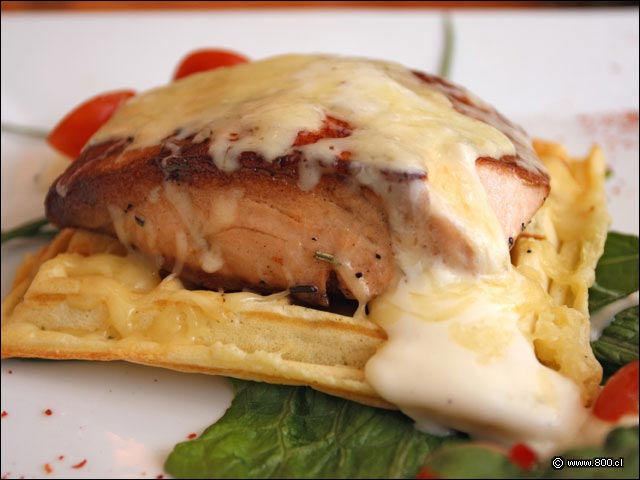 Filete de Salmon Gratinado sobre Waffle Salado - La Waffleria (Vitacura)