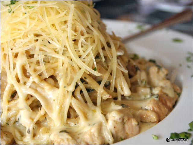 Pasta y trozos de pollo grillado en Chicken Alfredo Florentine - Tony Romas (Parque Arauco)