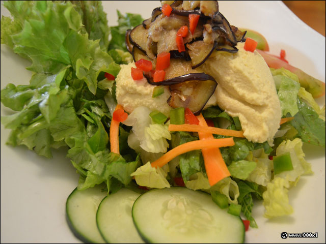 Men con ensalada con Humus