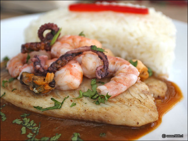 Mariscos sobre filete de pescado en Tilapia a lo Macho - Rocoto Las Condes