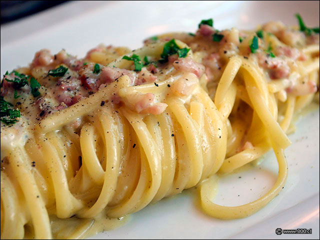 Detalle de los suaves spaghetti carbonara con panceta ahumada, yema de huevo y un toque de crema - La Finestra Ristorante (Plaza uoa)