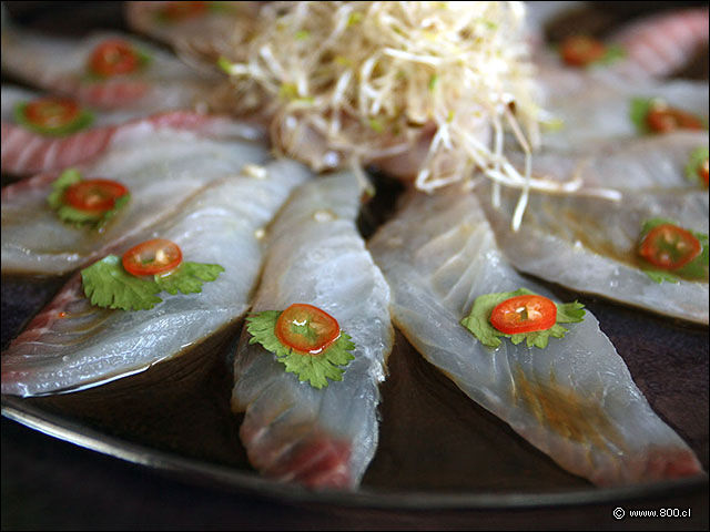 Ptalos de Vilagay servidos con hoja de cilantro y lmina de aj - Naoki Vitacura