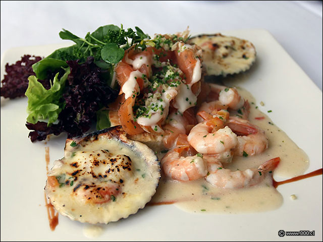 Tabla del mar con ostiones gratinados, langostinos y gravlax de salm�n - Brasserie Petanque (Bellavista)