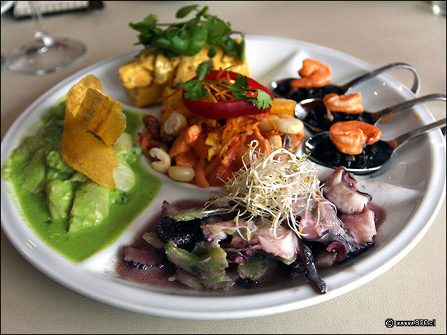 Ronda Fría Casa valerio con pulpo al olivo, tiradito al cilantro, ceviche al rocoto, casitas de loco y risotto tinta de calamar con camarón - Casa Valerio - Larraín