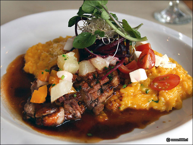 Magreto de pato Asiático bañado en salsa de lomo y acompañado por risotto de zapallo - Casa Valerio - Larraín