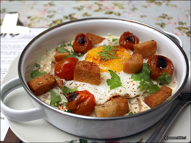 Huevo de campo con crutones, bechamel, tomate cherry uy cilantro - Salvador Cocina y Café