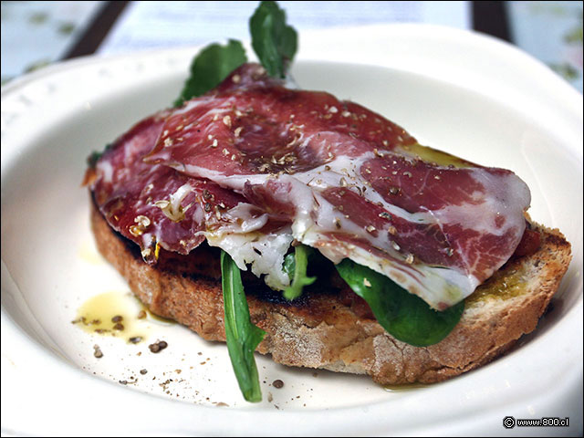 Tostada con championes, rcula y coppa casera  - Salvador Cocina y Caf