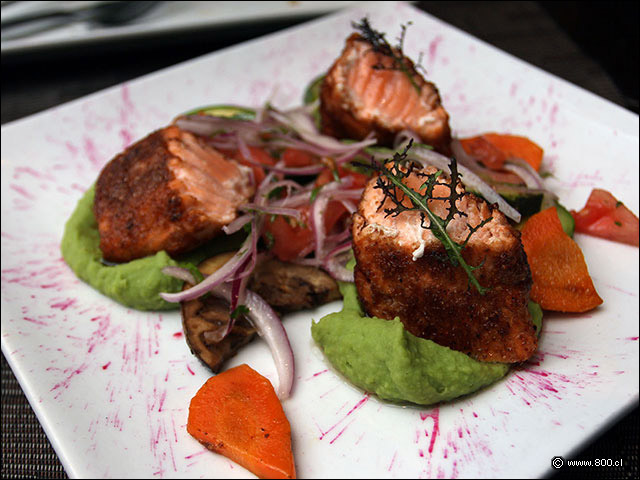 Salmn grillado con panko de cochayuyo con pur de arvejas - Mulato Restaurant