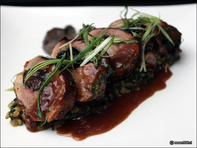 Cerdo relleno de ciruelas sobre ensalada de lentejas - Mulato Restaurant