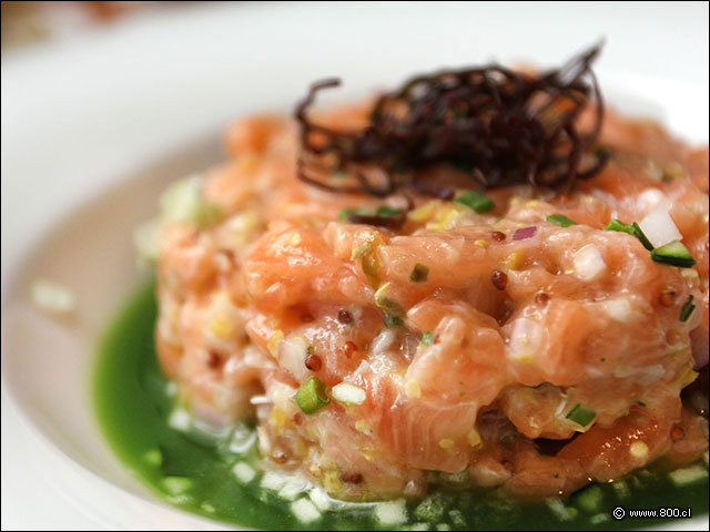 Dados de salmn marinados con cebolln y con salsa de clorofila - Cuerovaca