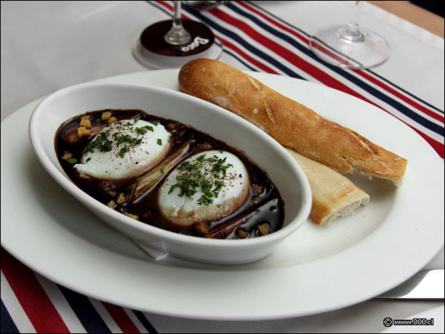 Maravillosos Huevos Meurette con salsa de vino y tocino