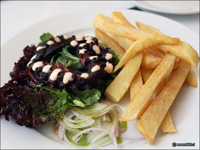 Pulpo chamuscado servido con notables papas fritas caseras - La Soga
