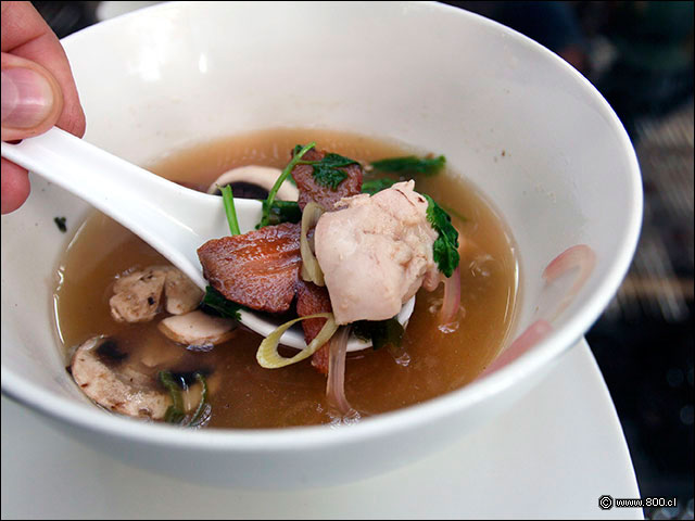Trozos de pollo, galagal y lemmon grass en la sopa Tom Ya Gai - Pad Thai