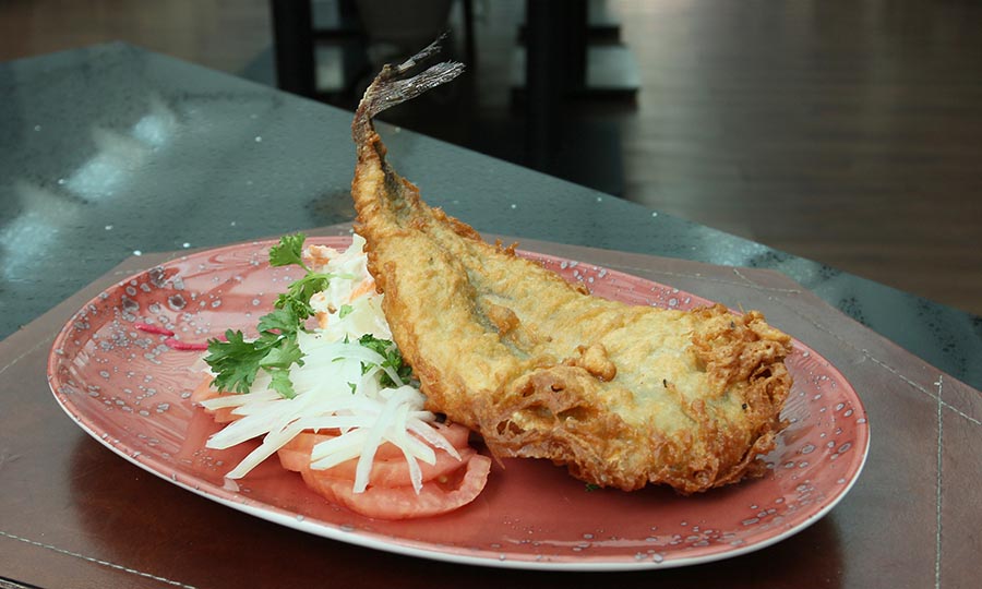 Merluza frita con ensalada a la chilena y papas mayo