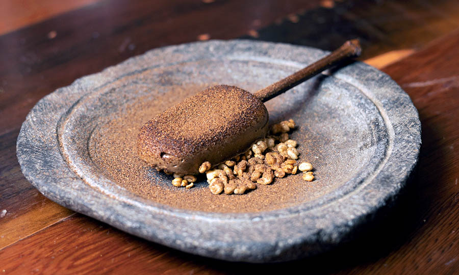 Paleta de hongo de pino con cacao y merkn