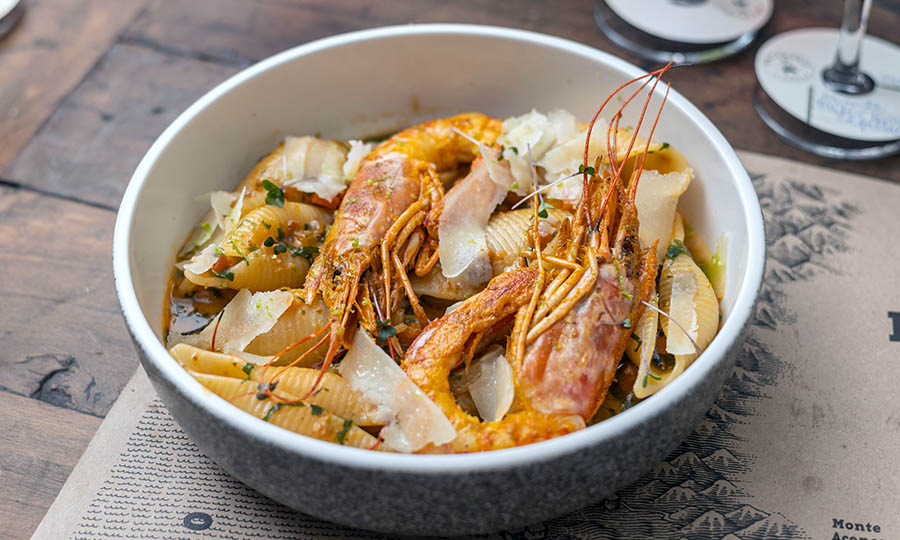 Conchiglioni con langostinos y queso pecorino