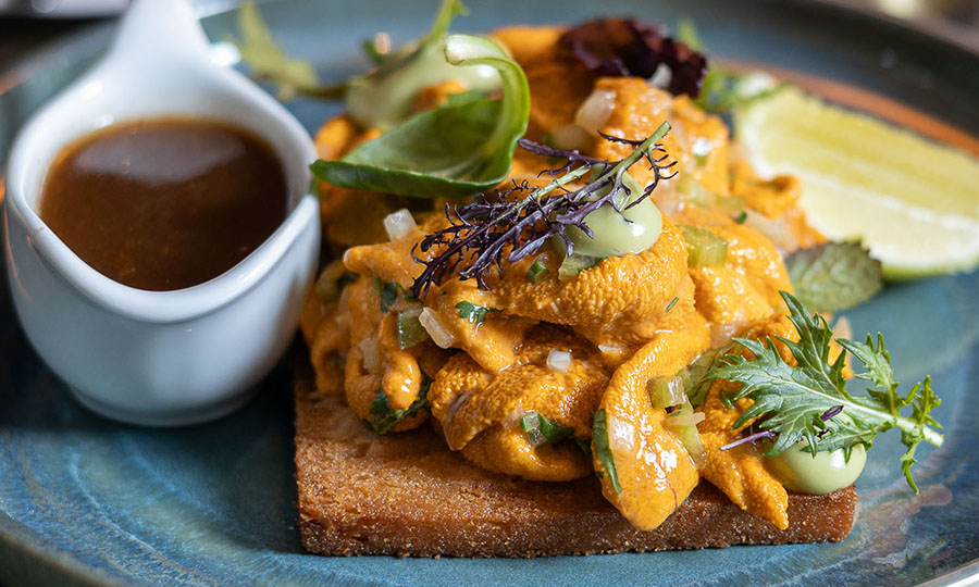 Alucinante tostada frita con erizos y demi glace - Malakita Resturant