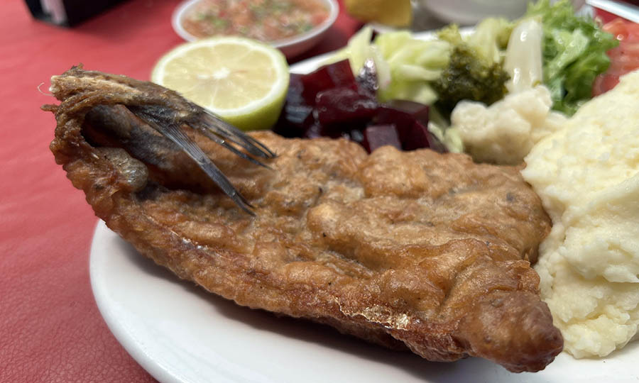 Merluza frita con pur� y ensalada - Valpara�so Puerto en Los Andes