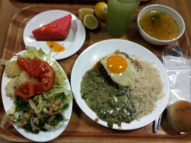 Men� de Almuerzo: Hamburguesa con huevo,  acelgas a la crema y arroz, ensaladas surditas, postre: Bavarois, consom�, pan y jugo - Restaurant  Pavo Real (Providencia)