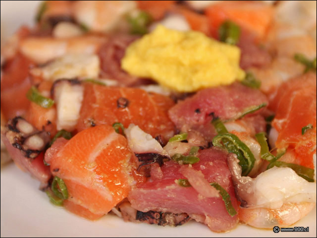 Detalle de Sakana Tataki, cortes de pulpo, salm�n y at�n fresco marinados en aceite de s�samo y jengibre 2 - Zabo (Lastarria)