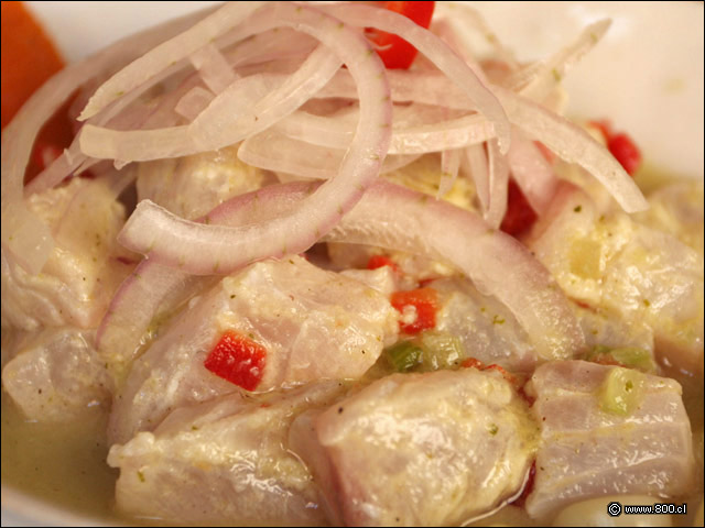 Detalle de Ceviche de Corvina, dados de pescado marinados en lim�n ali�ados con cebolla morada, cancha y choclo anisado 2 - Zabo (Lastarria)