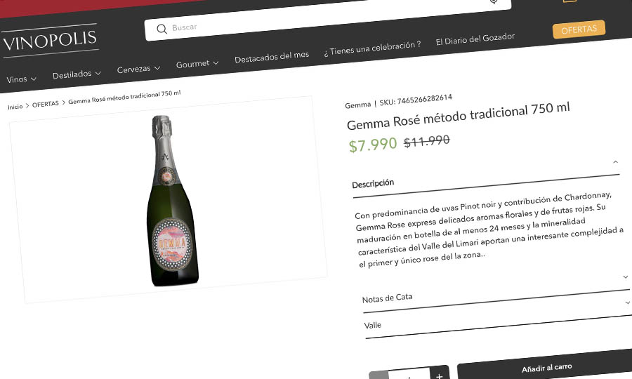 Oportunidad Gourmet: Espumante Gemma Ros 750 ml a $7.990 en Vinpolis